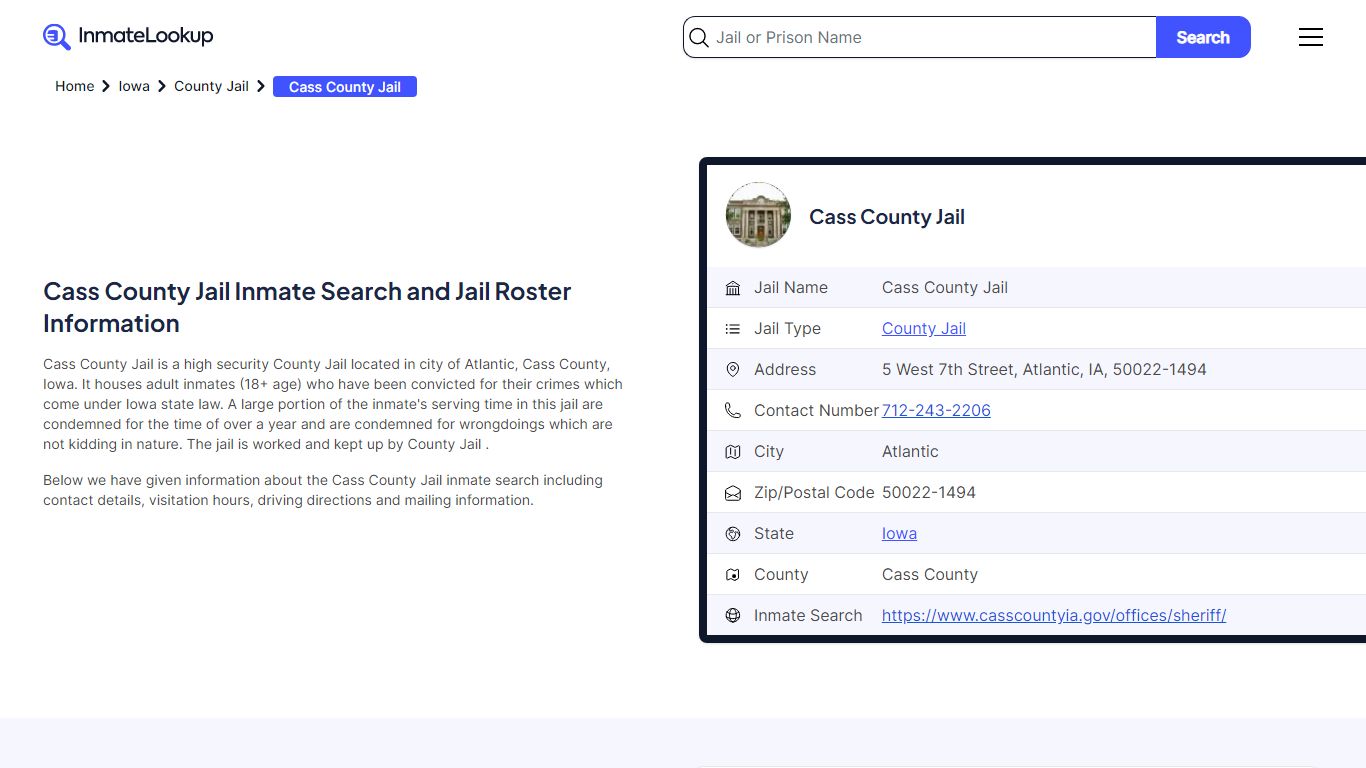 Cass County Jail (IA) Inmate Search Iowa - Inmate Lookup